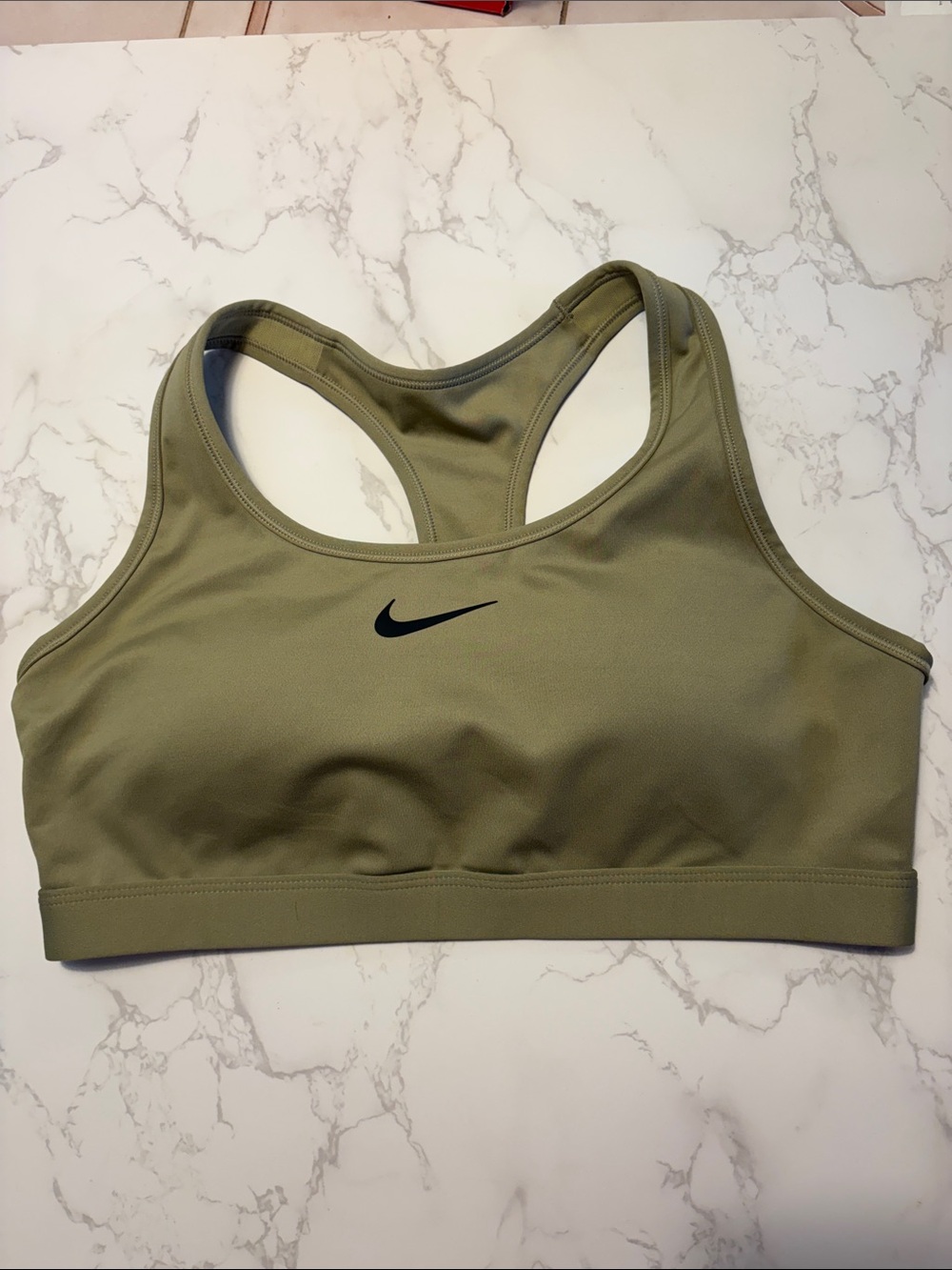 Nike large Olive Green Dri-FIT Racerback Sports Bra with Black Swoosh like new